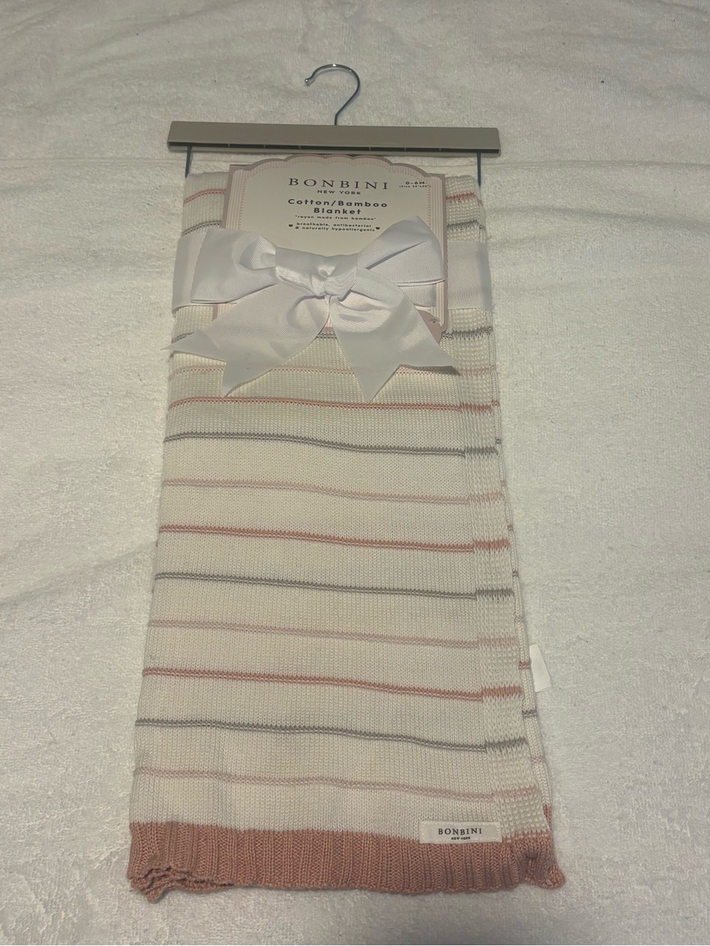 Cotton/Bamboo Baby Blanket - White with Pink and Gray Stripes